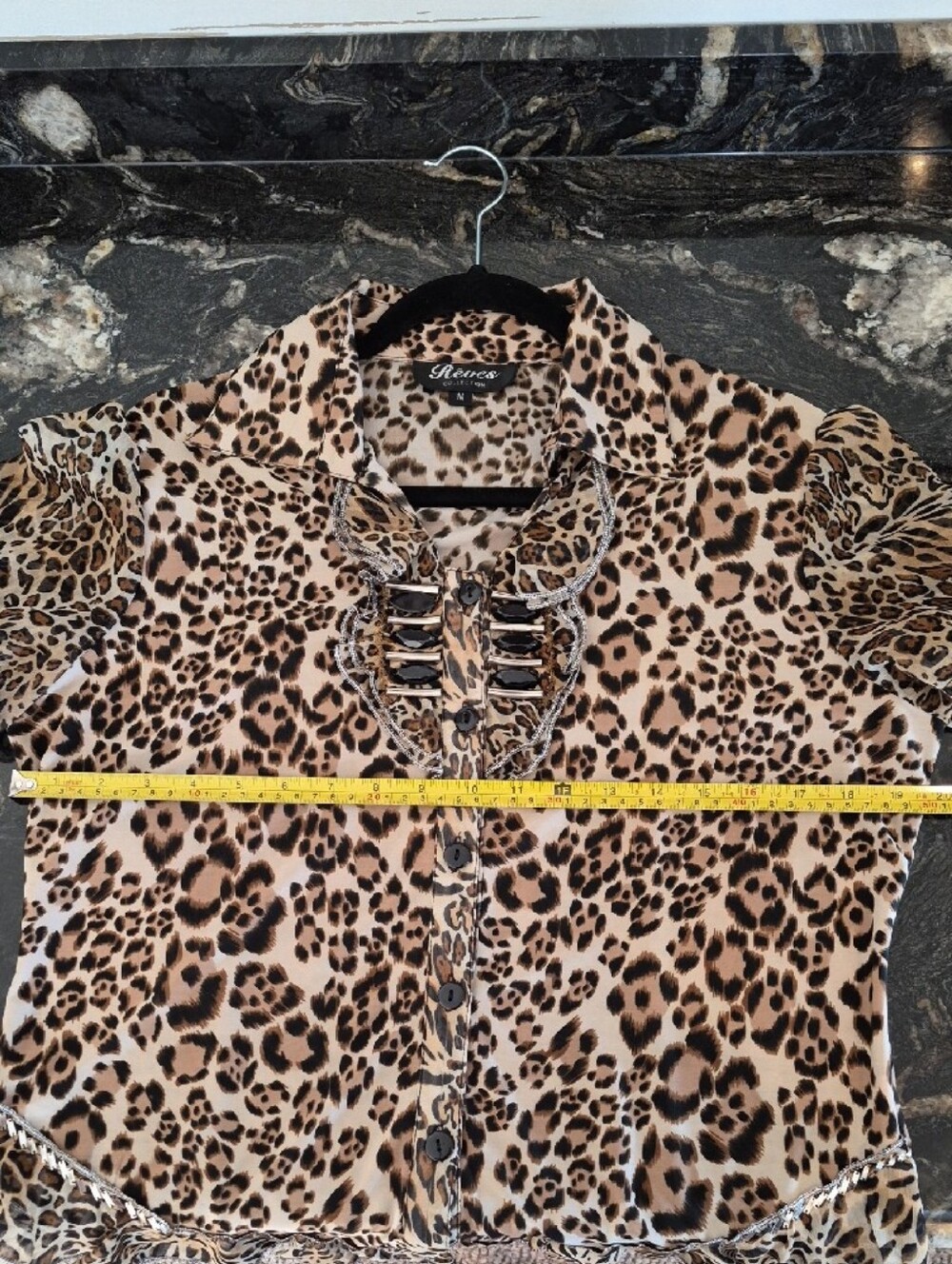 Leopard Print Ruffle Short Sleeve Blouse - Brown - Picture 5 of 6
